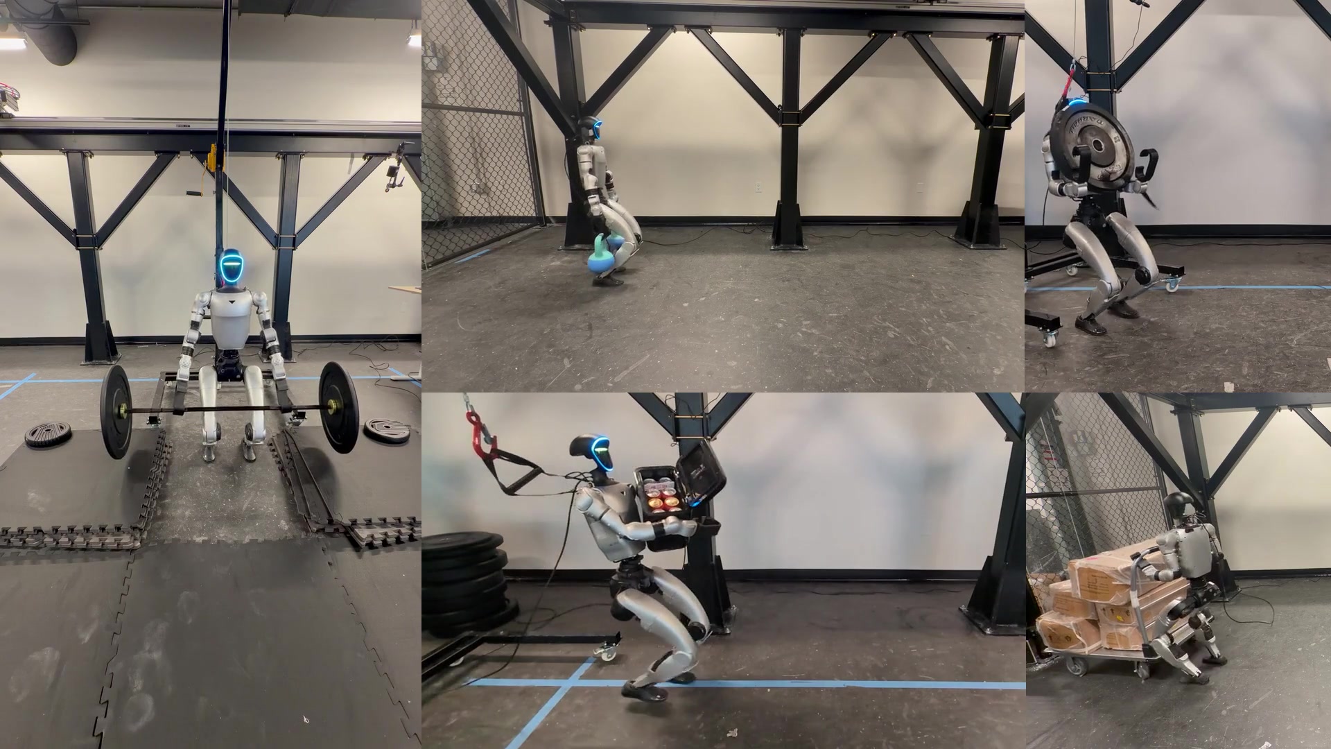 Five hardware demonstrations: deadlift, payload carrying, fridge carrying, canister carrying, and cart pulling